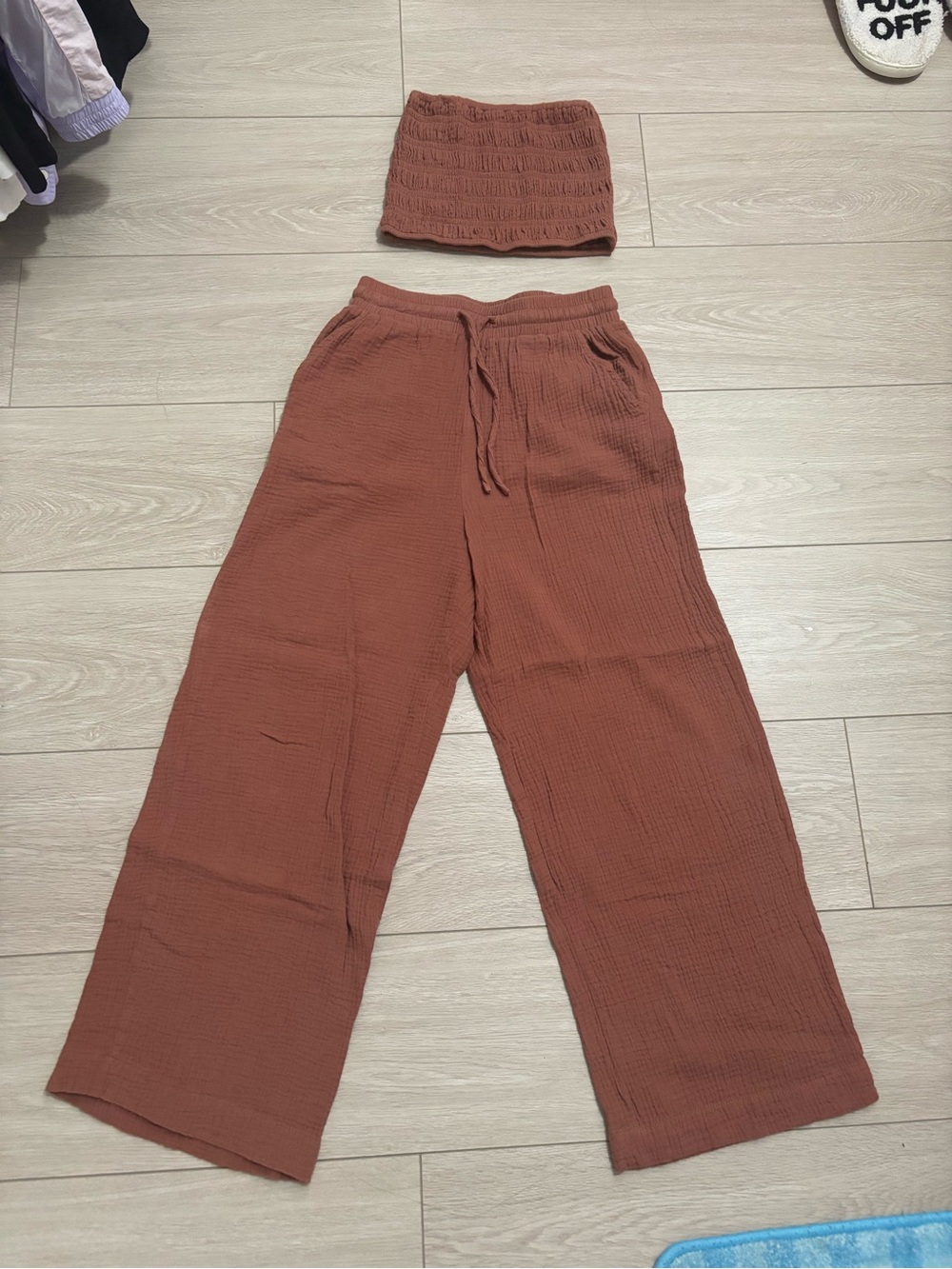 Rust Brown Two-Piece Tube Top & Wide Leg Pants Set
